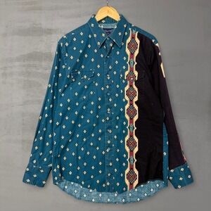 Vintage Wrangler Western Aztec Long Sleeve Pearl Snap Retro Shirt Blue Large